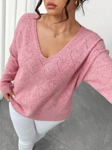 Elenzga 大码女式休闲宽松镂空圆领大码套头衫，适合日常穿着，春秋季 - 粉色 - 查看 6