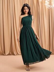 优雅荷叶边雪纺单肩蝴蝶结收腰连衣裙，适合少女 - 墨綠色 - 查看 4