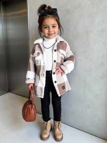 SHEIN 3pcs/Set Young Girl Casual Plaid Reversible Fleece Warm Mid-Length Jacket, Long Sleeve Knit Top And Leggings Kids Winter Outfits Girls