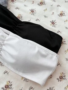 SHEIN 2 Stück/Set Einfacher, bequemer gepolsterter plissierter hautfreundlicher trägerloser BH-Set für Teenager-Mädchen