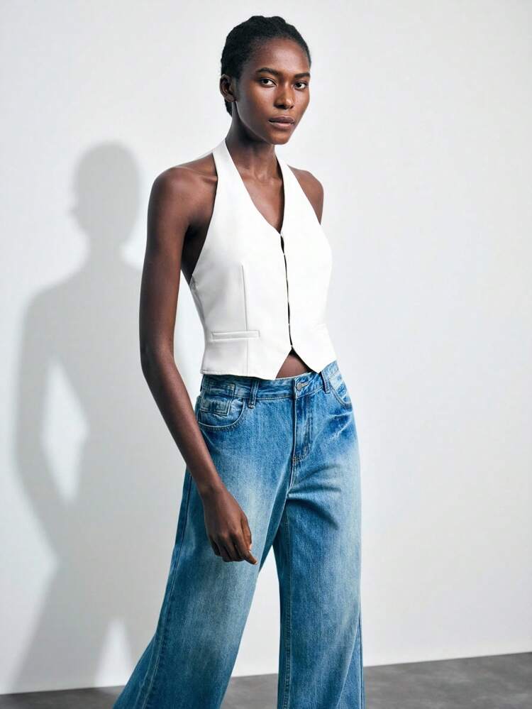 SHEIN Maija 2025 Casual Urban Halter Deep V-Neck Backless Big Bowknot Strap Women's Tank Top, Suitable For Early Autumn Leisure And Vacation White Halter Top White Top Women White Tie Top