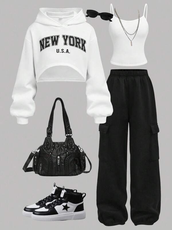 SHEIN 3pcs/Set Teen Girls Black & White Fleece Lined Knit Sweatshirt, Camisole, And Sweatpants, Collegiate Fleece Hoodie And Sweatpants Set, Autumn/Winter