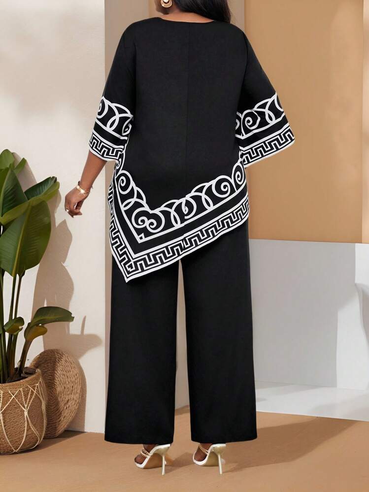SHEIN Lady 大码时尚通勤拼色印花不对称下摆衬衫黑色裤子万圣节服装女黑白花卉印花度假连衣裙，适合夏季，长裙秋季波西米亚风商务休闲装女万圣节服装 - 黑色 - 查看 2
