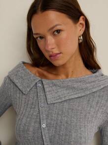 Nöista 女款灰色秋季時尚羅紋針織上衣，長袖不對稱鈕扣設計寬領，優雅現代百搭，適合上班、派對與假日 - 灰色 - 查看 5