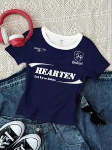 SHEIN 3 件套青少年女孩街头豹纹印花，数字 98 和 58，城市字母图案修身休闲舒适圆领长袖 T 恤，适合夏季 - 彩色 - 查看 4