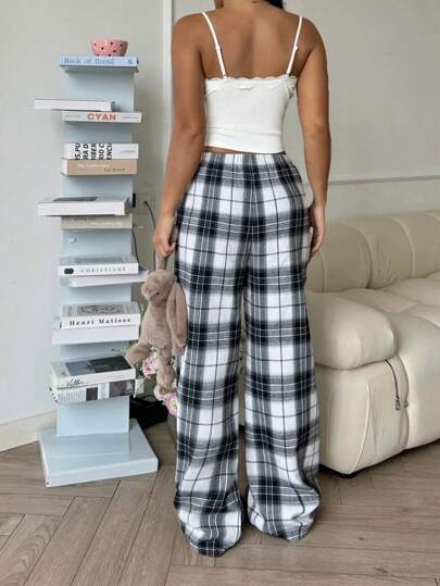 Teen Girls Sweet Camisole Plaid Pants Pajama Set Pj Zwart Wit Fall view 2