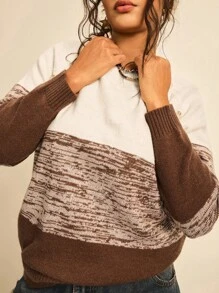 SHEIN LUNE Áo len nữ cỡ lớn phối màu mùa thu đông, áo len công sở thường ngày, áo len dáng ôm cho nữ dự tiệc, áo len nữ phối màu tương phản với chi tiết cúc cài, áo len chui đầu cho nữ. - Nhiều màu - Xem 1