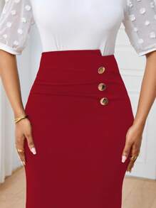 Lunelith SHEIN Lunessa Commuting Minimalist Elegant Solid Color Slim Fit Women Skirt - Red - View 4