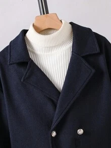 1 件男童羊毛纯海军蓝舒适夹克外套，适合旅行、日常穿着、秋冬、中长款