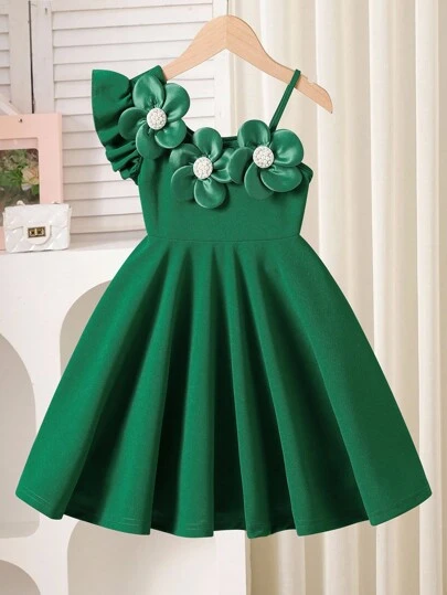 Elladie kids 小女孩白色连衣裙，3D 串珠花卉装饰，A 字形腰部收紧，单件，适合生日派对，夏季