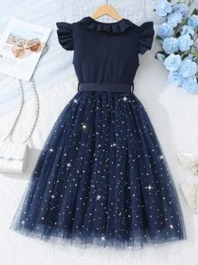 SHEIN 青少年女孩荷叶边星星印花网眼连衣裙，假日，夏季，旅行