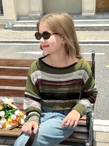 SHEIN Tween Girls Multi Color Striped Pattern Drop Shoulder Pullover Sweater Crop Sweater,Long Sleeve Tops, Suitable For Casual Daily Wear,In Fall/Winter - Army Green - View 7