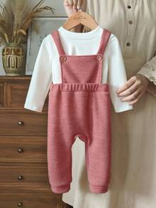 SHEIN Baby Mädchen süßer, niedlicher gestrickter Rollkragen Langarm-Top und gestrickte Latzhose Set - Korallenrosa - Übersicht 3