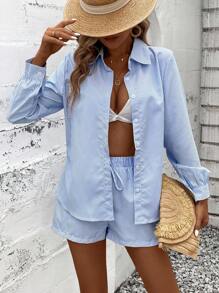 Breezaya Bộ sưu tập mới Thu/Đông 2025: Áo sơ mi và quần short kẻ sọc unisex, mang đến phong cách thành thị, giản dị và thời trang. Kiểu dáng rộng rãi, thoải mái phù hợp cho phong cách layering, tạo cảm giác thư giãn. - Màu xanh lam - Xem 1
