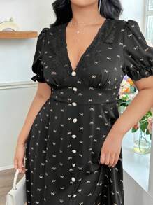 Modelyn Vestido elegante y romántico con estampado de satén y flor para mujer talla grande, con cuello en V profundo, mangas de burbuja y cintura con lazo