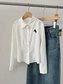 SHEIN 少女纯白衬衫，饰有刺绣图案，修身长袖上衣，适合日常穿着、返校季以及秋冬季日常穿着。 - 白色 - 查看 4