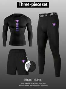 Gym Rark Men's Elastic Breathable Moisture-Wicking Letter Print Long Sleeve T-Shirt And Shorts Sports Gym Set - Black - View 1