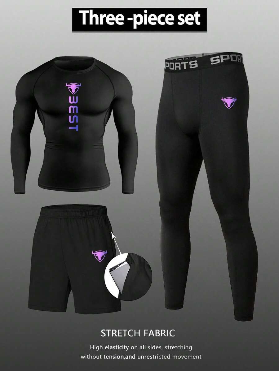 Gym Rark Men's Elastic Breathable Moisture-Wicking Letter Print Long Sleeve T-Shirt And Shorts Sports Gym Set - Black - View 1