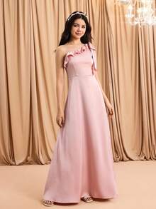 Blush Pink,Summer,Elegant,Formal,Wedding Ninang Bridesmaid Satin Bowknot One-Shoulder Tie-Up A-Line High-Slit Dress For Galas,Birthdays,Graduation - Pink - View 1