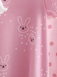 女婴3件套可爱卡通草莓和兔子图案丝带蝴蝶结装饰荷叶边圆领短袖针织睡袍套装 - 彩色 - 查看 6