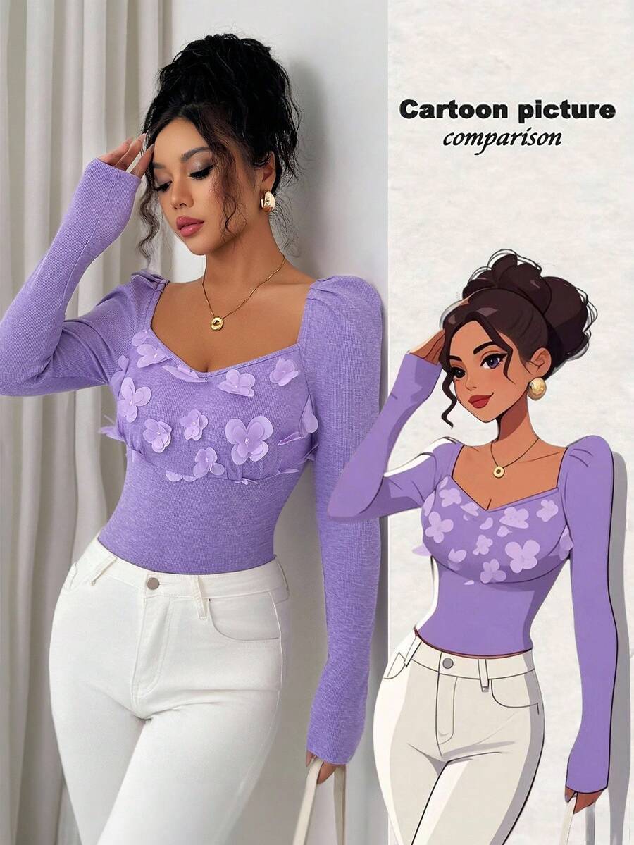 Elenzga Women's Elegant Layered V-Neck Long Sleeve Ruffle Lace Patchwork Fitted T-Shirt, Suitable For Everyday Wear In Spring, Autumn And Winter Fall Cloth For Women - Purple - View 1