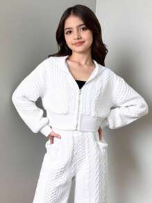 SHEIN Tween Girl Loose Casual Minimalist Comfortable Hoodie And Pants Set Fall Winter - White - View 7