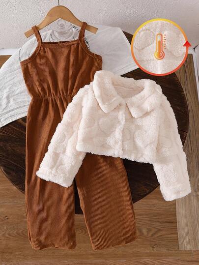 SHEIN Baby Girls' Pink Casual Thick Fleece Plaid Jacquard Jumpsuit Set, Autumn/Winter Toddler 2 Piece Winter Clothing Set Fall