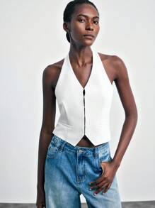 Maija 2025 休闲都市露背深V领露背大蝴蝶结吊带女式背心，适合初秋休闲度假 - 白色 - 查看 6