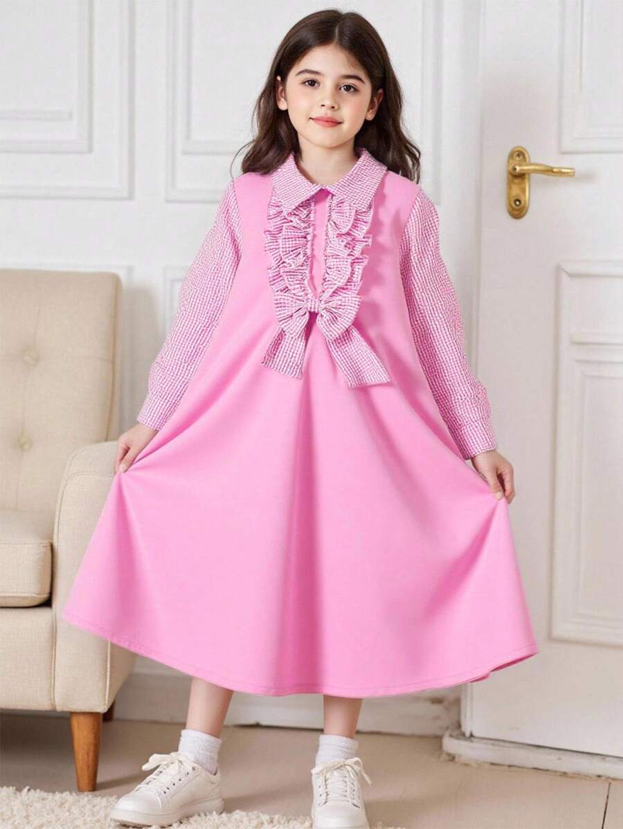 1pc Young Girl's Sweet Plaid Patchwork Long Sleeve Shirt Dress, With Hidden Zipper Design At Back, Comfortable & Cute Dress Suitable For Family Gathering, Outing, School And Other Occasions - Multicolor - View 1