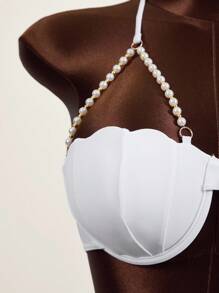 Zestiva Summer Beach Pearl Decor Scallop Trim Push Up Bikini Set - White - View 5