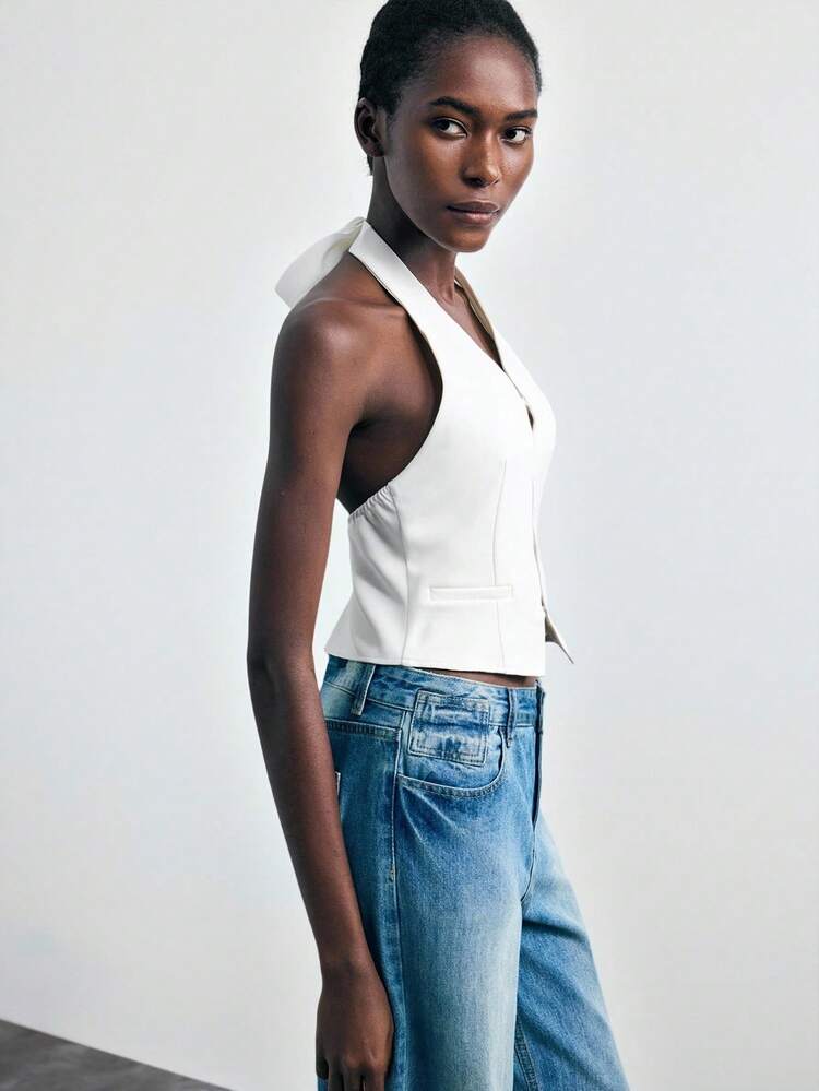 SHEIN Maija 2025 Casual Urban Halter Deep V-Neck Backless Big Bowknot Strap Women's Tank Top, Suitable For Early Autumn Leisure And Vacation White Halter Top White Top Women White Tie Top