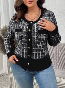 Cárdigan a cuadros casual y de trabajo, talla grande, otoño/invierno - Negro - Ver 7