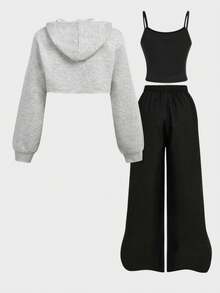 SHEIN Girlism 3pcs/Set Teen Girl Casual Outfit, Including Hoodie Sweatshirt, Spaghetti Strap Backless Top, And Elastic Waist Pants, Back To School Wear, Autumn, Streetwear, Concert Outfit Fall Winter - Multicolor - View 2