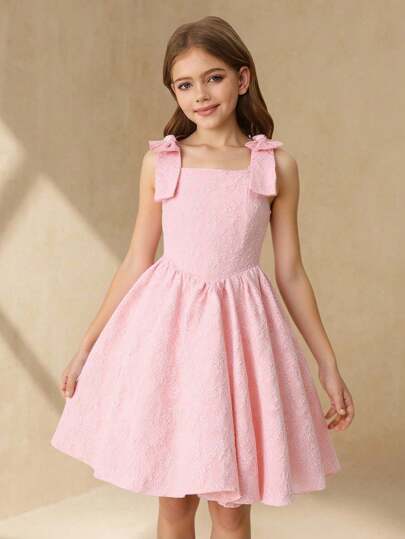 SHEIN Girls Jacquard Floral Dress With Removable Bow Strap, Elegant