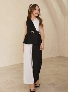 少女无袖上衣 + 黑白撞色长裤，优雅套装，适合上学、参加派对、万圣节、圣诞节等场合。 - 黑色 - 查看 7