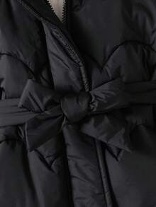 SHEIN 女童纯色连帽休闲羽绒服 冬季外套 女童冬季外套 女童黑色连帽外套 女童毛领冬季外套 女童系带外套 女童系带冬季外套 秋季 - 黑色 - 查看 6