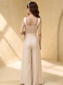 Mono elegante de fiesta con cuello redondo, sin mangas y plisado en la cintura para niñas preadolescentes - Albaricoque - Ver 2