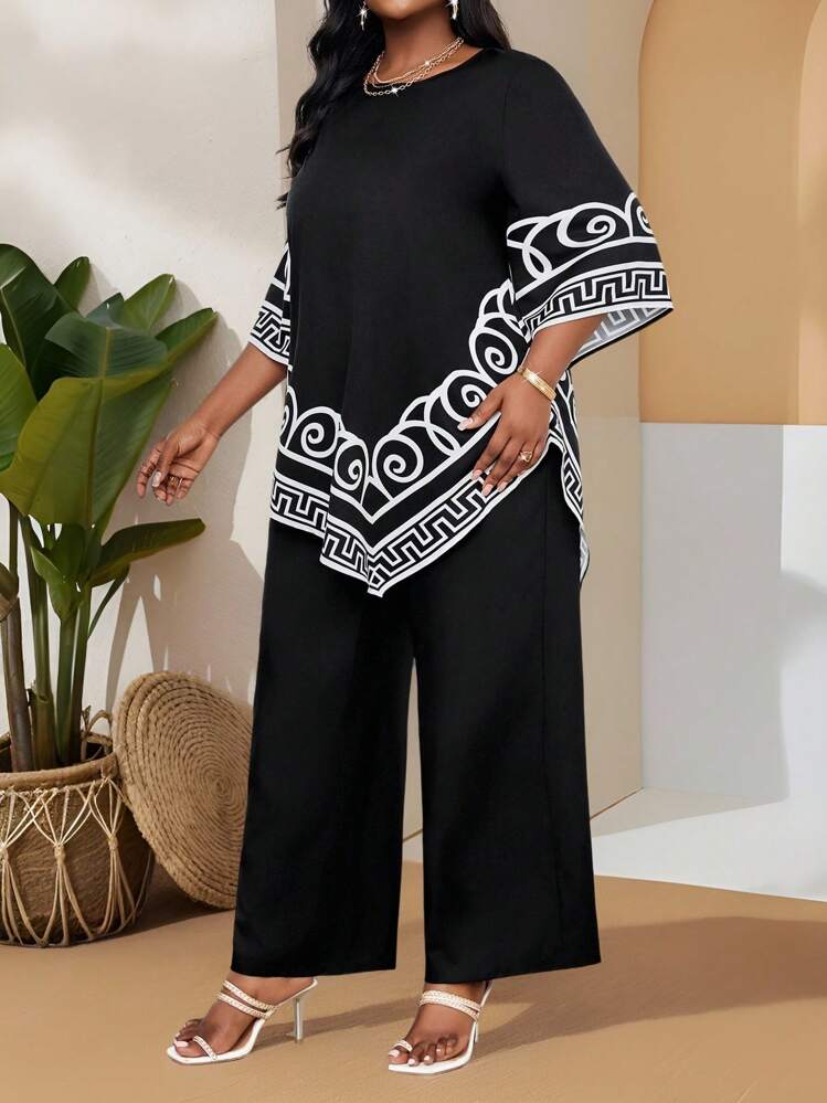 SHEIN Lady 大码时尚通勤拼色印花不对称下摆衬衫黑色裤子万圣节服装女黑白花卉印花度假连衣裙，适合夏季，长裙秋季波西米亚风商务休闲装女万圣节服装 - 黑色 - 查看 4