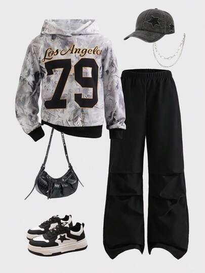 Bộ 2 món cho bé gái tuổi teen, phong cách đường phố thường ngày, áo hoodie in chữ và quần ống rộng màu đen, thích hợp cho mùa thu đông.