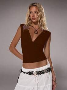 TRNVIE 女士深V领紧身休闲百搭上衣，春夏款 - 咖啡棕 - 查看 7