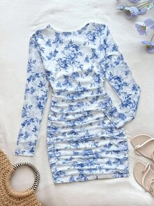 Tween Girls White And Blue Floral Ditsy Round Neck Long Sleeve Ruched Fitted Mesh Dress,Autumn,Elegant,Engagement Party Afternoon Tea Vacation Midi - Blue and White - View 2