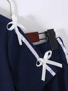 Genkimix Kids 女童休闲日常圆领短袖短款黑色T恤搭配3D蝴蝶结装饰和直筒宽松裤夏季套装