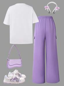 Sparklyn Bộ 2 món đồ họa hoạt hình anime cho bé gái tuổi teen, vải thoải mái, thể thao ngoài trời, đường phố, trang phục hàng ngày, trở lại trường, áo phông và quần ống rộng - Màu tím - Xem 2