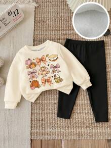 SHEIN LMoss Kids Baby Girl Halloween Pattern Knit Soft Thick Crew Neck Long Sleeve Sweatshirt And Leggings Set, Suitable For Autumn/Winter Baby Fall Outfits Toddler Thanksgiving Outfit Baby Girl Fall Clothes Fall Baby Set Baby Thanksgiving Outfit Set - Multicolor - View 5