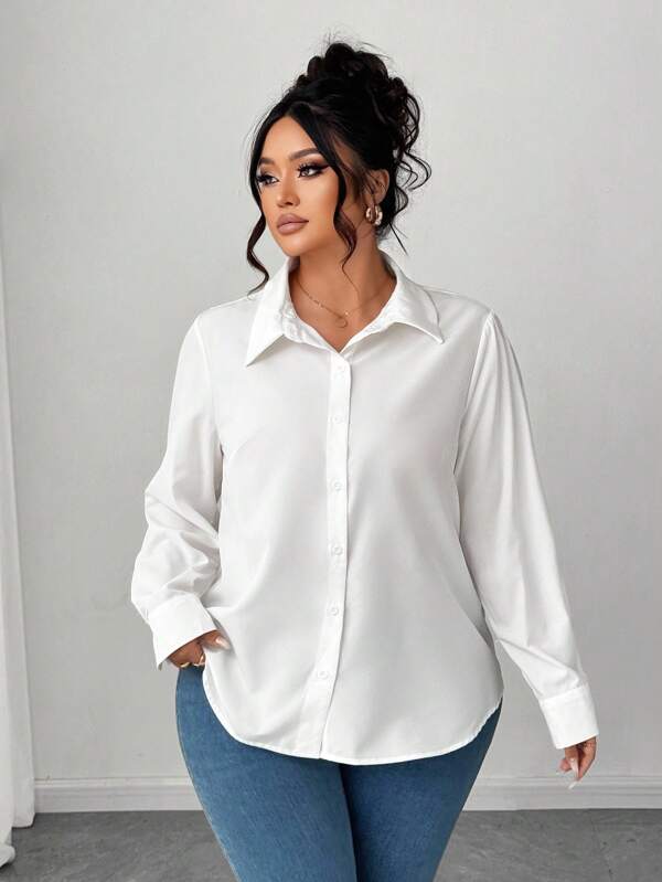 Elenzga Plus Size Women's Solid Button-Down Shirt Fall Cloth For Women