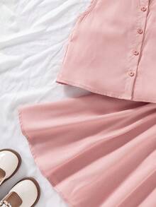 Setelan 2 Potong: Kaos Tanpa Lengan Warna Polos Kasual dan Rok Mini untuk Anak Perempuan Remaja. - Berwarna merah muda - View 6