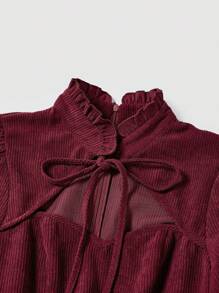 SHEIN Serisse Kids Tween Girl 优雅复古酒红色灯笼长袖灯芯绒连衣裙，带荷叶边领口，适合秋冬、圣诞节和日常穿着 - 酒紅色 - 查看 4