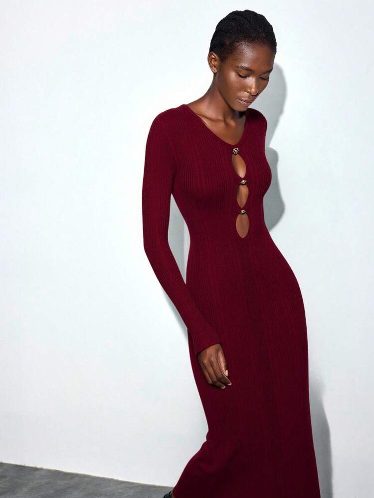 SHEIN Maija 2025 Deep V-Neck Long Sleeve Metal Decor Women's Knitted Dress, Suitable For Early Autumn Back To School Season And Party Season Fall Clothes Fall Outfits Women Winter Clothes For Women Back To School Homecoming Back To School Outfits Women Going Out Dress Going Out Tops Women Business Casual  Women Wedding Guest Wedding Guest Dresses Halloween Christmas  Burgundy Dress Dark Red Dress Red Wine Dress Long Ribbed Dress