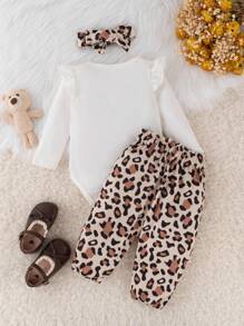 SHEIN 3 pièces Ensemble body et pantalon pour bébé fille avec imprimé léopard mignon, manches longues, col à volants, graphique lettrage et nœud, pour l'automne et l'hiver - Blanc - Voir 2
