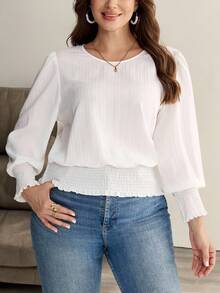 SHEIN LUNE 大码女装返校装女装秋季白色波浪条纹圆领复古服装女式收腰衬衫商务休闲女装秋冬季曲线教师返校装衬衫